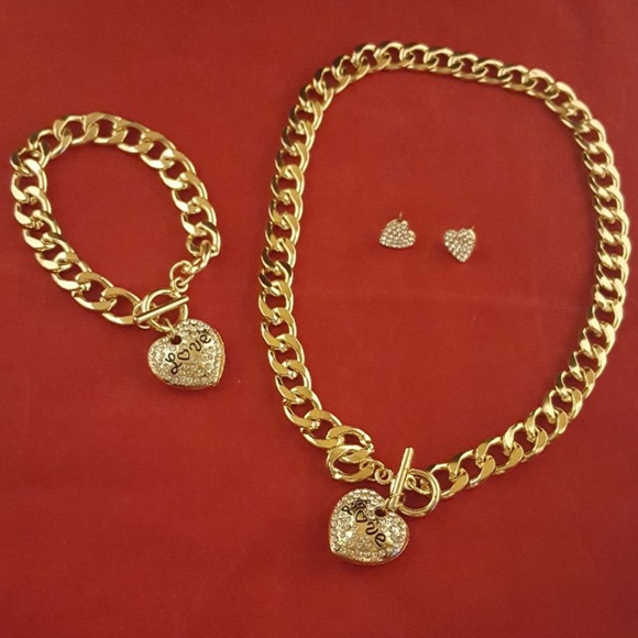 buea defi Jewelry - ELEGANT ROSE/GOLD 3PC CRYSTAL LOVE PUFF HEART NECKLACE BRACELET &EARRING 18Kg.p.